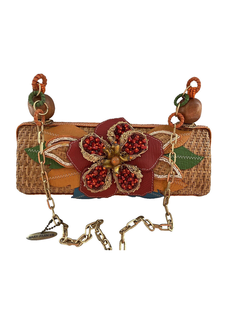 Mary Frances Floral Beaded Straw Clutch Purse Shoulder Bag Chain Strap
